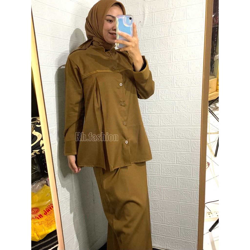 Baju Stelan PDH khaki tua wanita Baju hamil pns Baju hamill pemda benang timbul