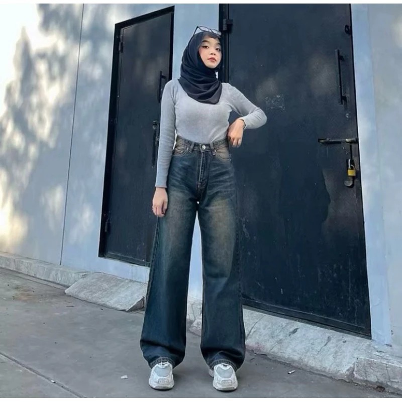 Celana Jeans Whisker Gombrong Baggy Pants Wide Leg Lebar Skena Losse Cowok/Cewek