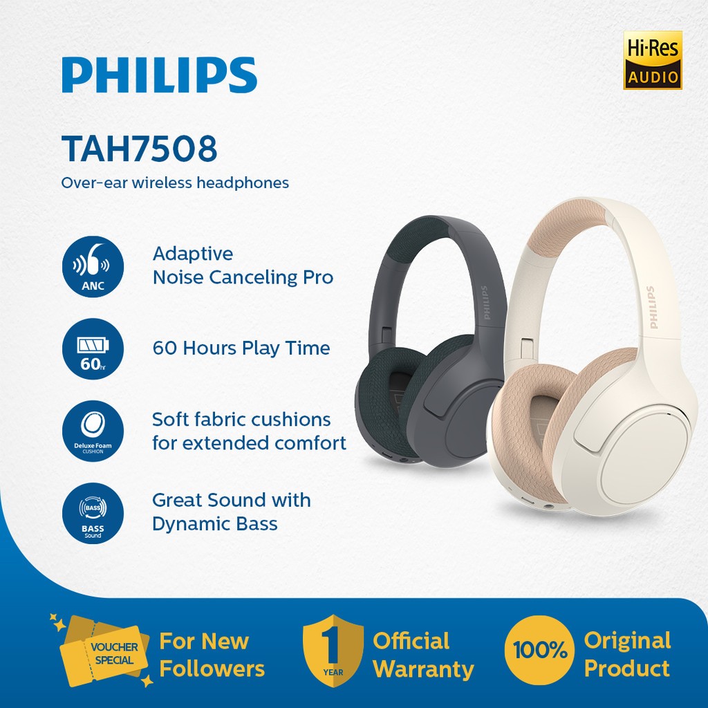 Philips TAH7508 Over-Ear Wireless Headphone, ANC, 60 Jam