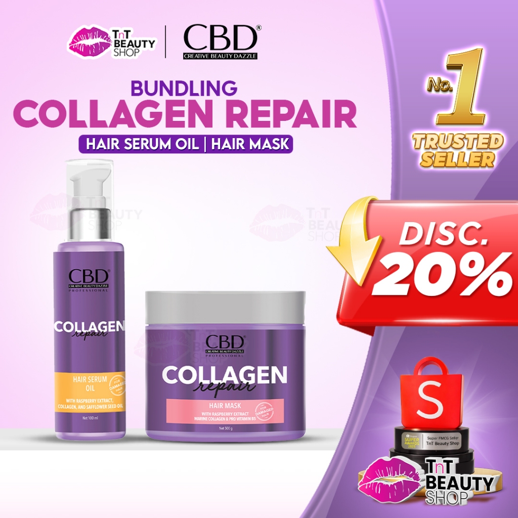 [BUNDLING] CBD Collagen Repair Hair Mask 500ml - Collagen Repair Booster Hair Serum Oil 100ml | TnT 