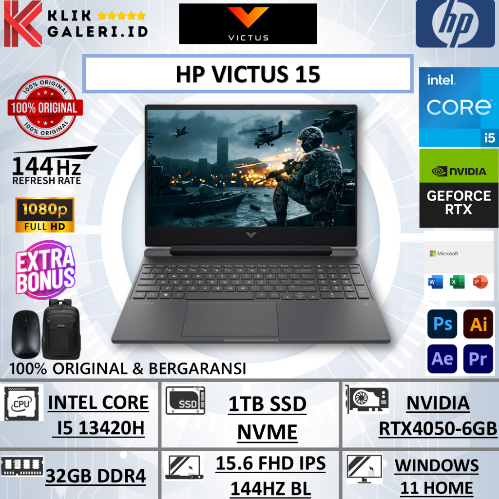 Laptop Gaming HP Victus 15 RTX 4050 Intel Core i5 13420H RAM 32GB SSD 1TB Windows 11