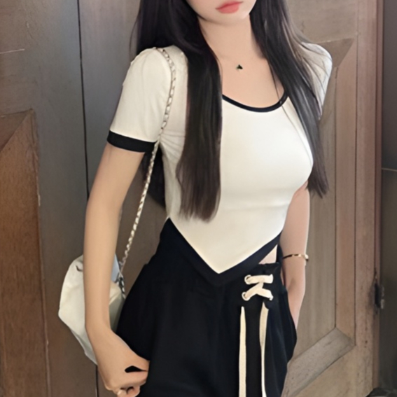 99kOUTLET One Set Crop Top Round Neck Atasan Lengan Pendek + Celana Panjang Drawstring  Straight (S/