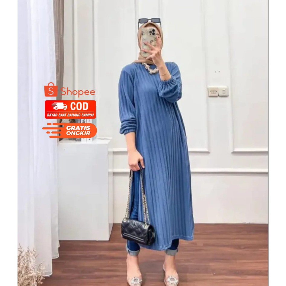 JUNE - Kimia Long Dress Tunik Hornet Knit Premium Wanita [BISA COD] | FYJ