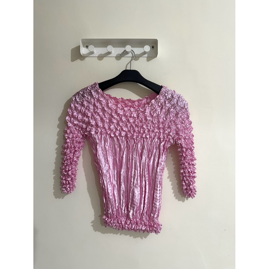 Pink Popcorn Bubble Shirt Y2K 90s Stretch Crinkle Pleats Top Y2K Pleated Top Retro Bubble Scrunchie 