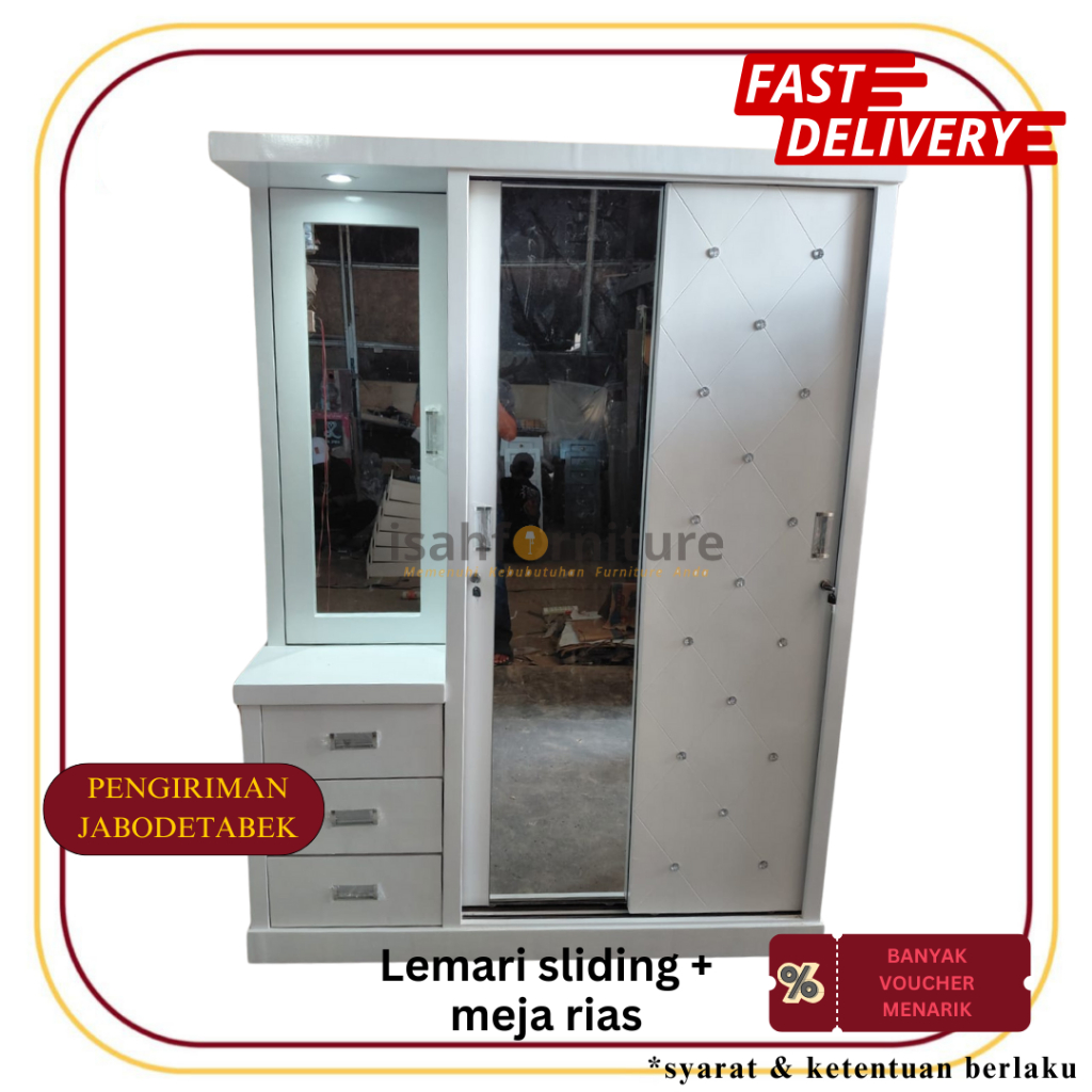 Lemari pakaian LPMR plus meja rias / Lemari meja rias 3 laci / Lemari 2in1 / Lemari sliding
