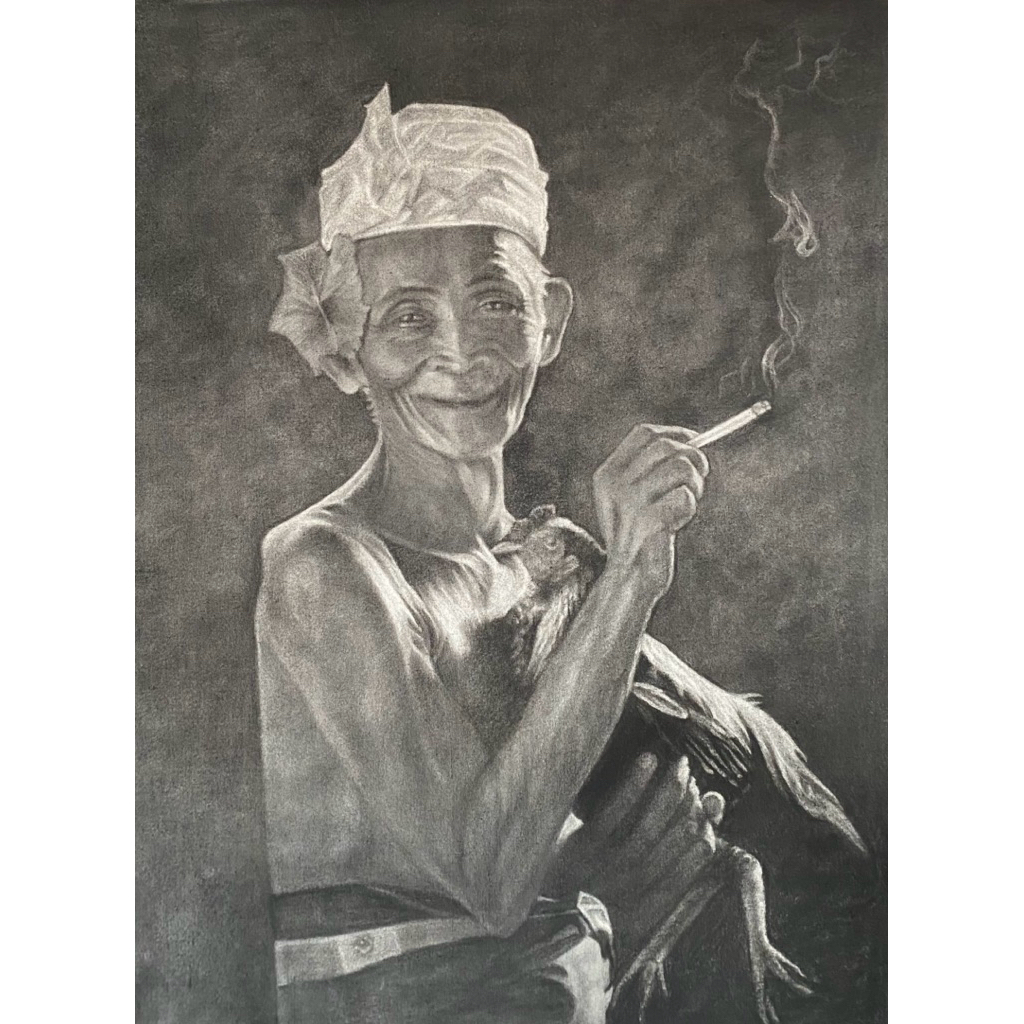 Dijual Lukisan Kakek Membawa Ayam, Lukisan Arang, Lukisan Tradisi Bali, Lukisan Asli Canvas