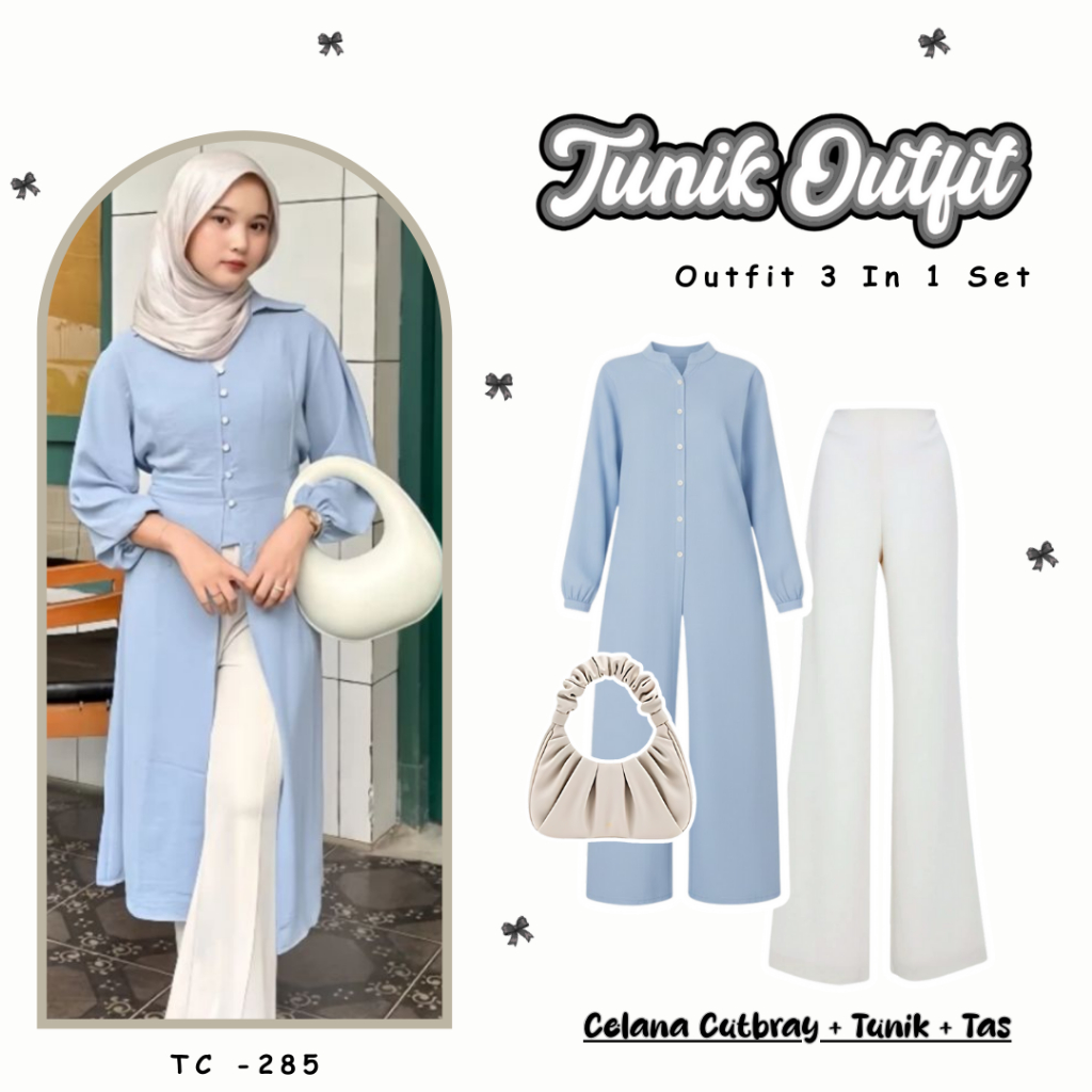 One Set Lebaran Wanita Elegan Feminim  Terbaru ( Tunik + Celana Cutbray + Tas ) SET TC-285