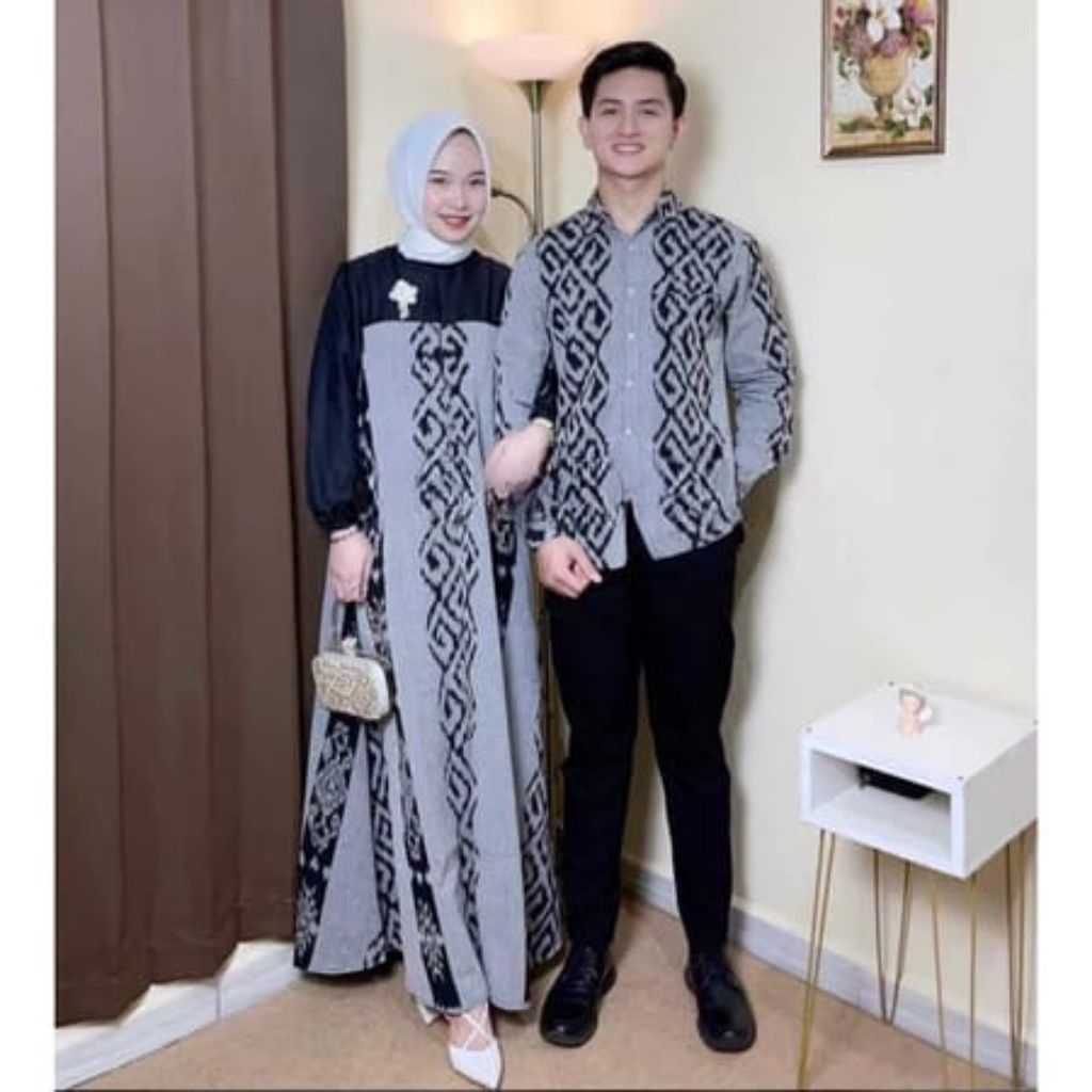 BUSANA COUPLE BATIK TENUN PASANGAN SAMUDRA ABU - GAMIS KONDANGAN / PREWEDDING WANITA