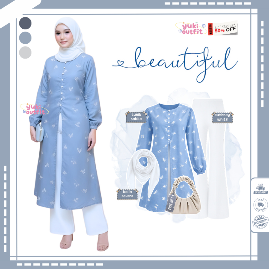 Meena One Set Tunik Kekinian 2026 ( Jilbab + Tunik Sabila + Cutbray ) Outfit Tunik Remaja- N140