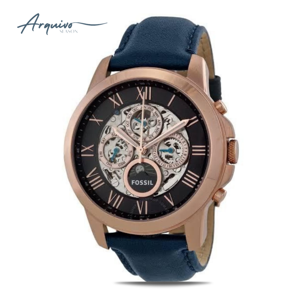 Jam Tangan Pria Fossil Grant Automatic Chronograph Kulit Navy Blue Mewah Sporty Original ME3029