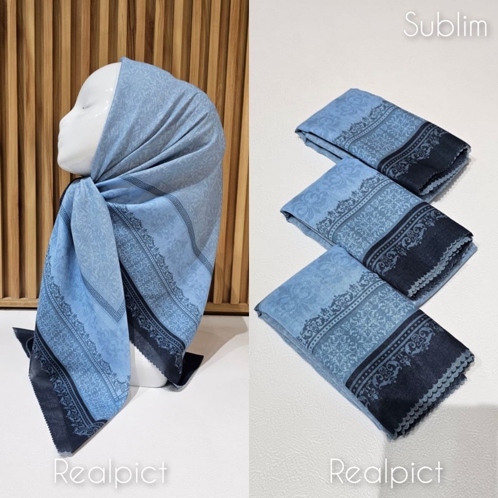 HIJAB SEGI EMPAT VOAL MOTIF ETNIK BIRU MUDA LIS HITAM