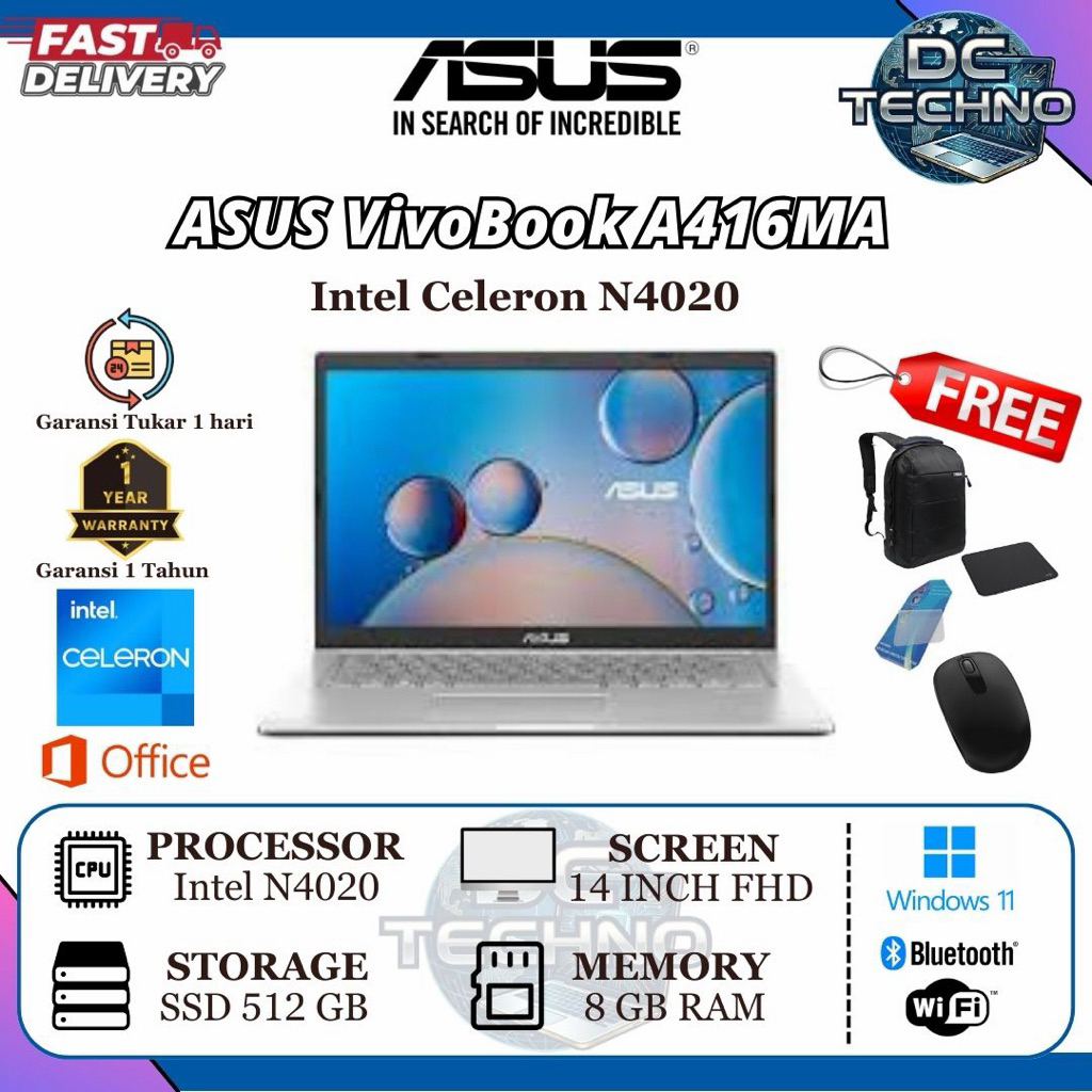 ASUS VivoBook A416MA Intel N4020 DDR4 - 8GB SSD 256GB - 14" FHD IPS WIN10 - 8GB / SSD 512GB