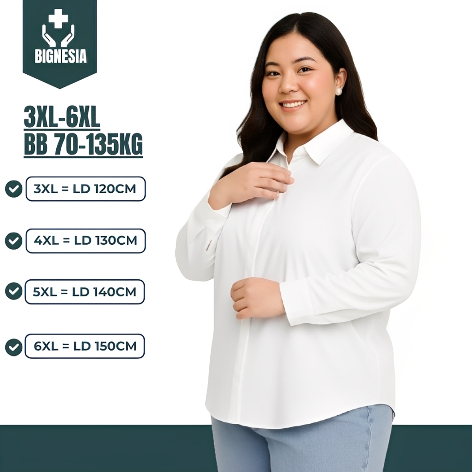 Kemeja Wanita Jumbo LD 120 130 140 150 Putih Lengan Panjang Basic Polos Atasan Kerja Kantoran