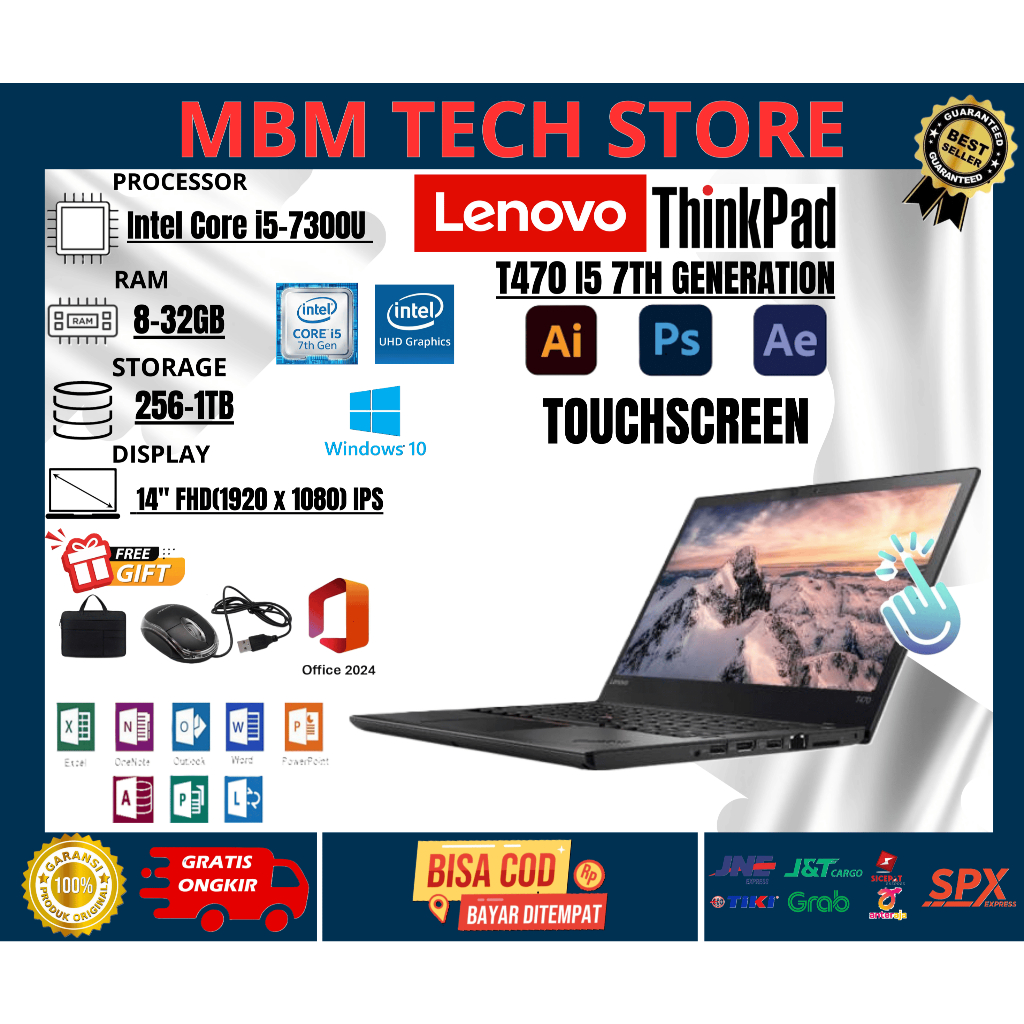 LAPTOP BISNIS T470 I5 7TH TOUCHSCREEN 32GB/1TB SSD WINDOWS 10 FREE MOUSE & TAS