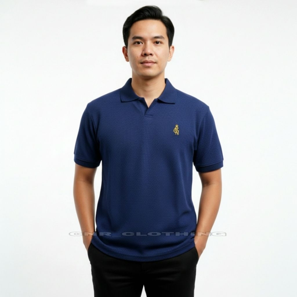 CNR Baju Polo Pria V-Neck Polos Waffle Knit Logo Bordir | Kaos Kerah Cowok Premium Adem & Lentur