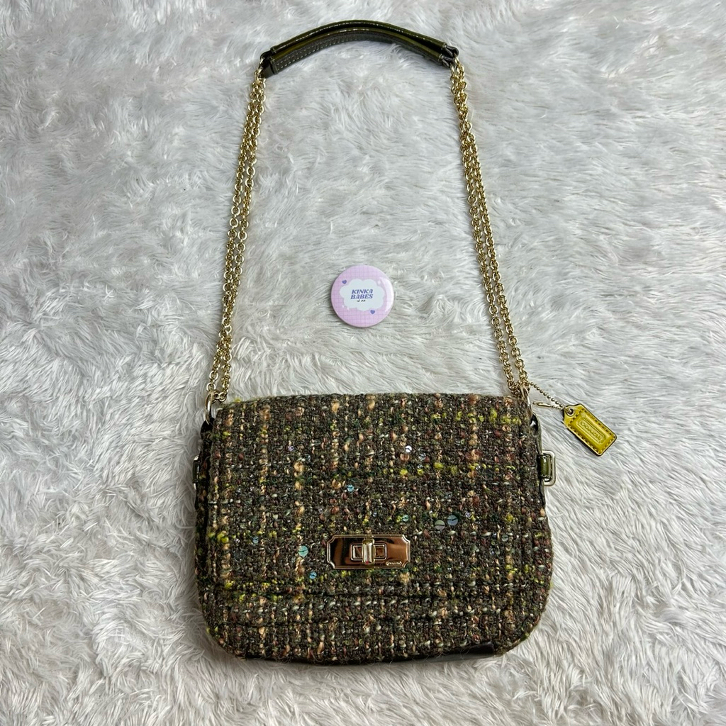 COC Chelsea Boucle Flap bag in olive green tweed with a chain strap