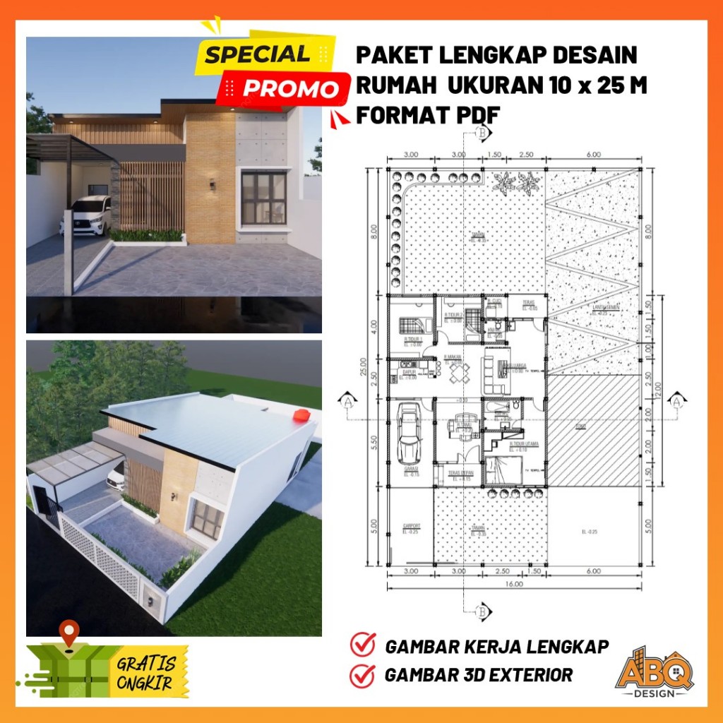 Gambar Kerja Desain Rumah  Minimalis Ukuran 10 x 25 meter 3 Kamar Tidur