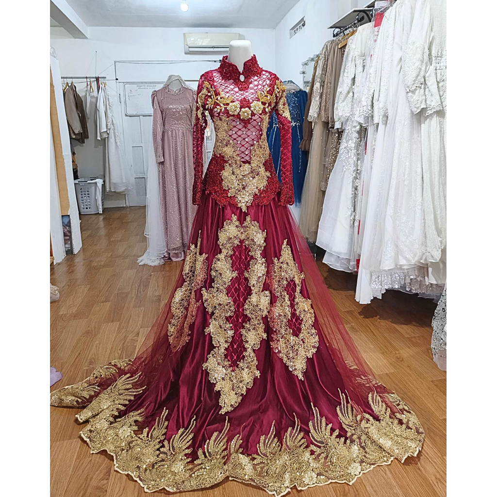 GAUN KEBAYA PENGANTIN MEWAH PREMIUM QUEEN MAROON GAUN PERNIKAHAN KEBAYA MODERN SYARI MERAH MAROON