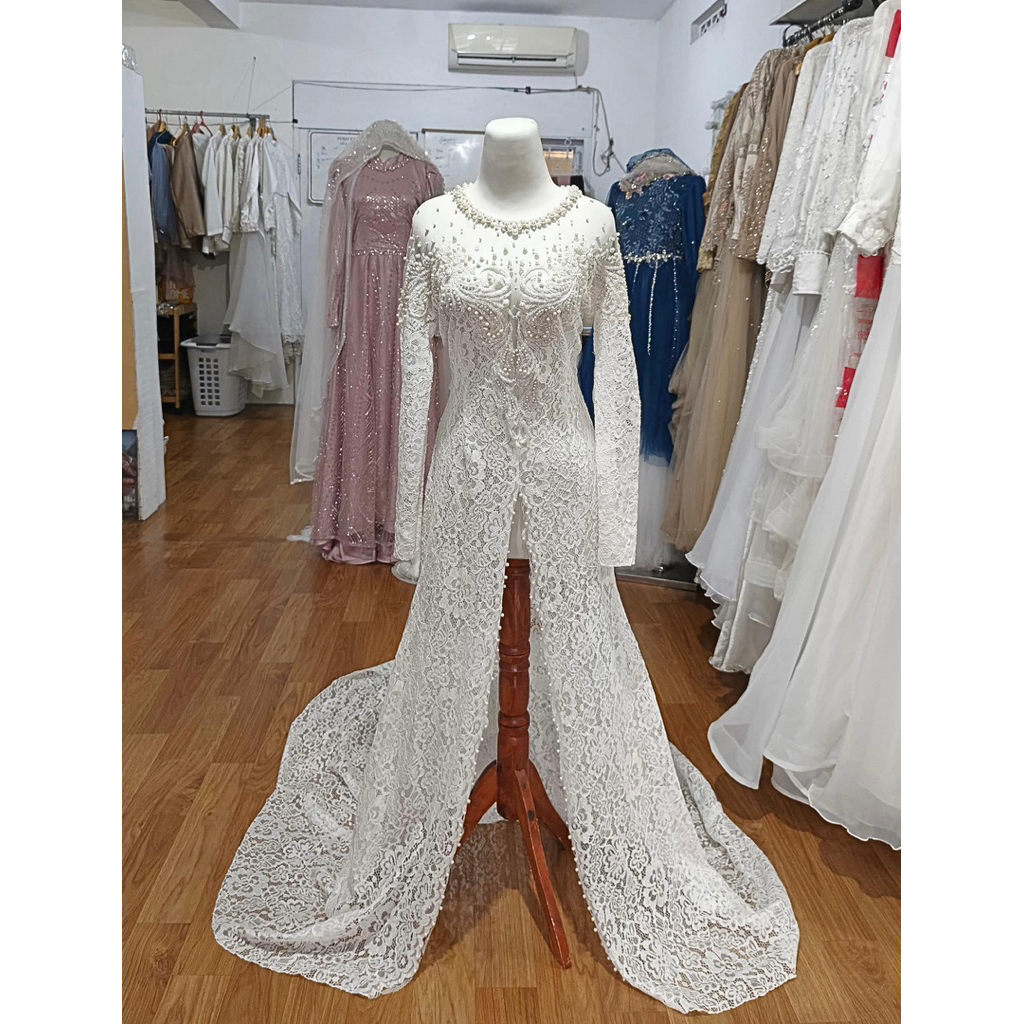 KEBAYA SABRINA PUTIH GAUN PENGANTIN NIKAH MEWAH KEBAYA MODERN GAUN PERNIKAHAN FULL PAYET