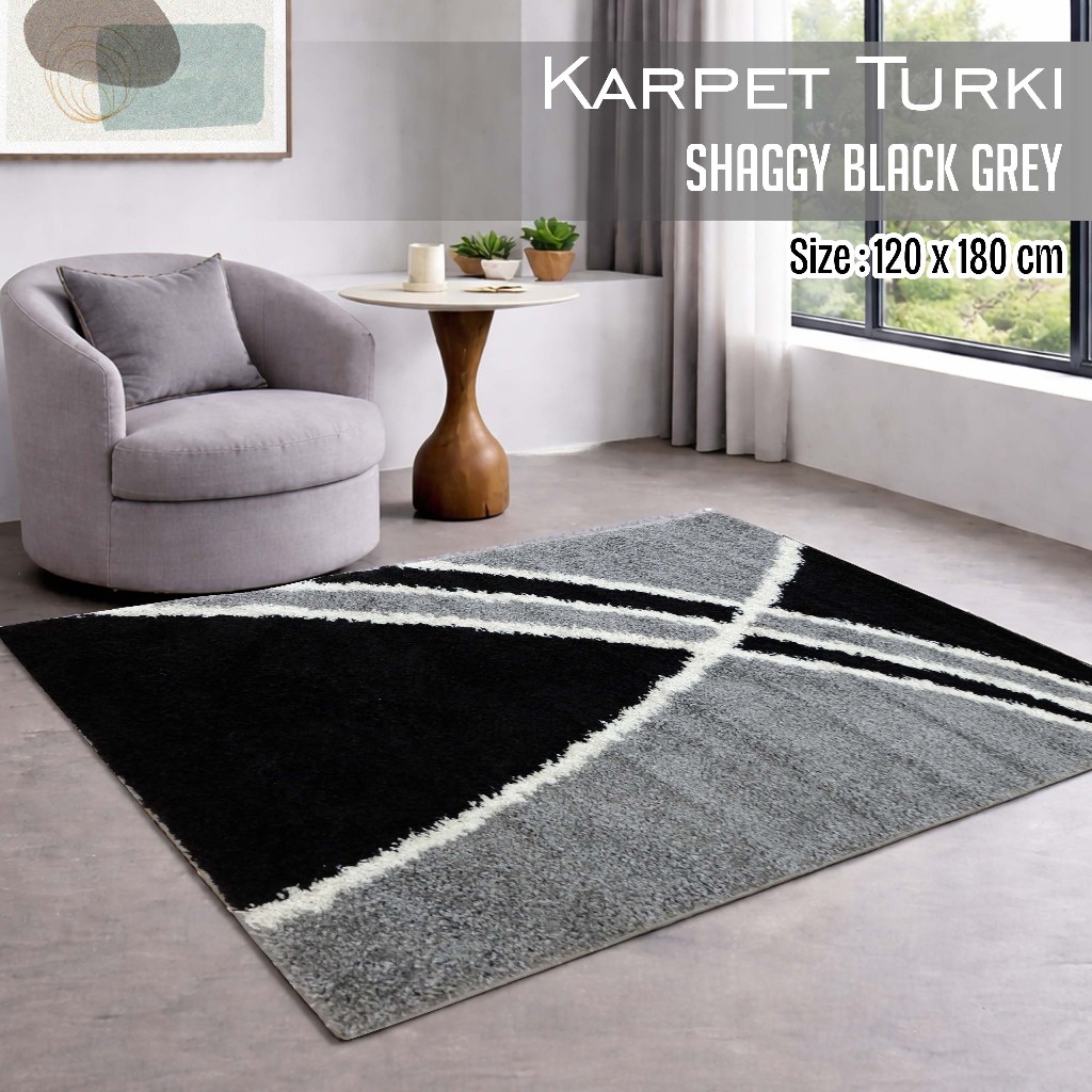 Karpet Turki Import Permadani Asli Turki Uk 120x180 Shaggy Black Grey, Karpet Bulu Permadani Tebal