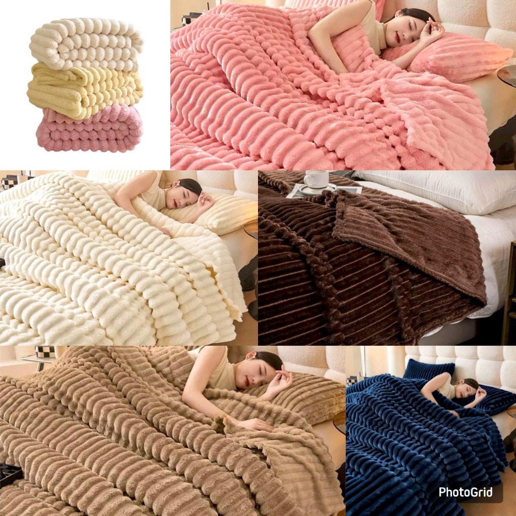Selimut Bulu Halus Salur Dewasa Motif Polos Aesthetic Murah Terlaris Elegant 180x200/200x230 New Arr