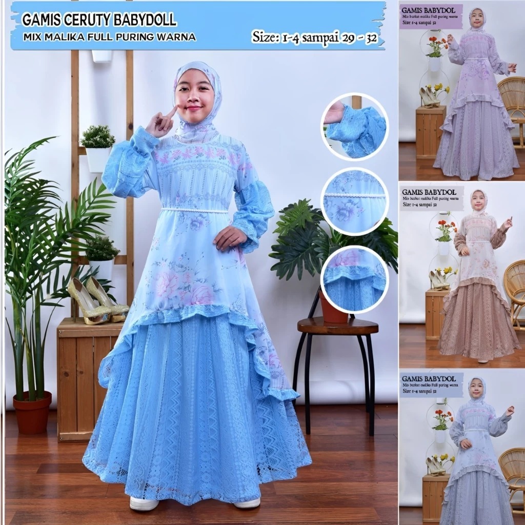 Gamis Anak Perempuan Usia 3-12 Tahun Bonus Hijab Dan Gesper Mutiara | Pakaian Muslimah Gamis Ceruty 