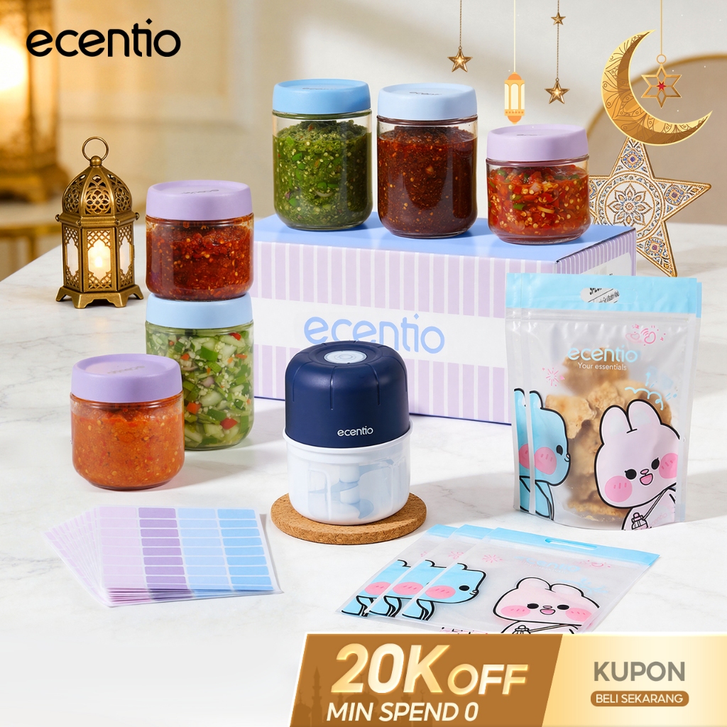 ecentio toples kaca 480ml*3 & 350ml*3 6pcs + mini chopper 6 mata pisau 250ml portable, toples lebara