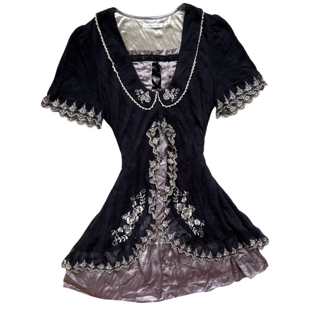 Axes Femme Milkmaid Flowers Embriodery Ruffle Parted Mini Dress / Babydoll Top | Slit mori kei jirai