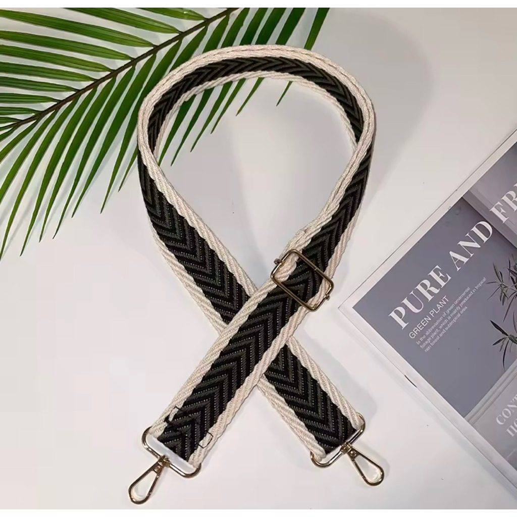 Tali tas/bag strap -cotton canvas tenun kepang - Hitam Army Putih tulang