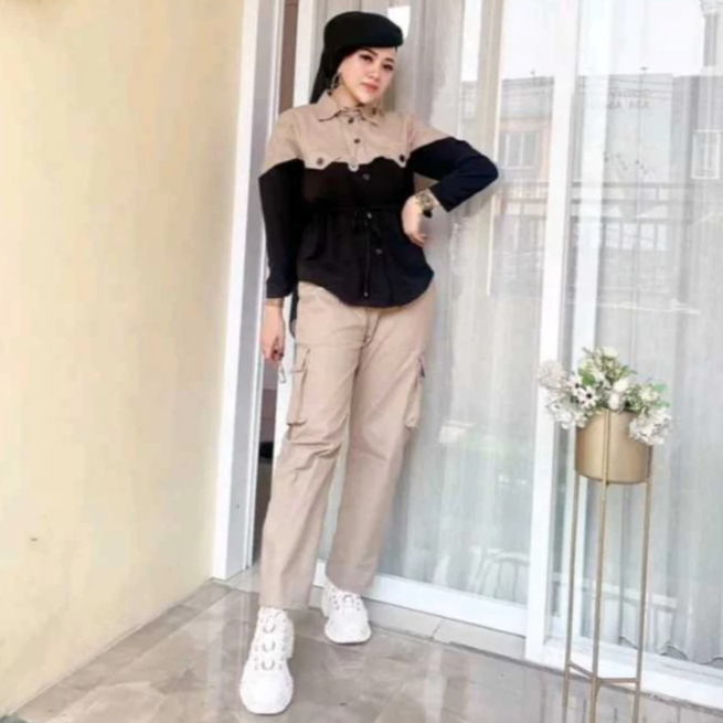 BAJU SETELAN WANITA KEKINIAN SETELAN CARGO KOMBINASI KATUN PREMIUM M L XL MULTIWARNA