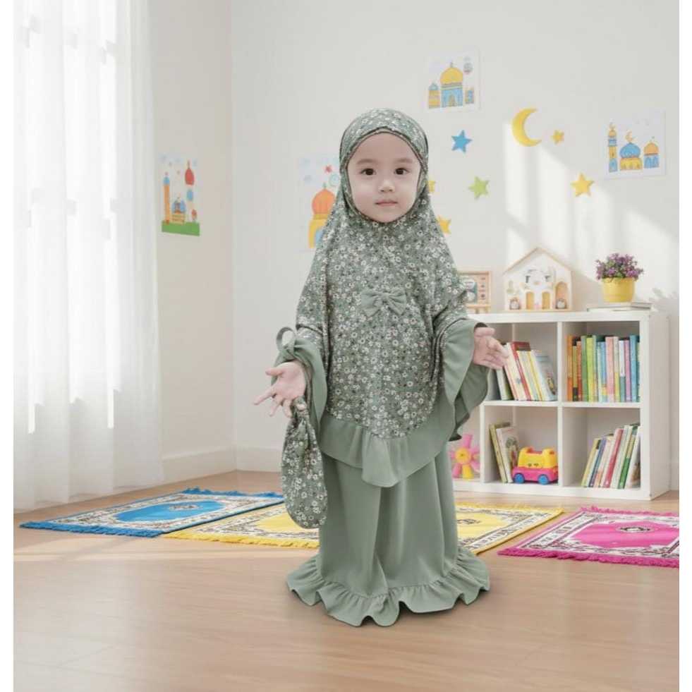 (EGSUS) Fashion Muslim Anak Perempuan Mukena Motif Bunga Perlengkapan Sholat Bayi Polos Sage