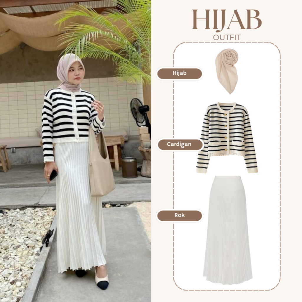 Set 3 in1 Wanita Kekinian (Cardigan Stripe Putih - Rok Plisket - Bella Square)Set OOTD-KHS130