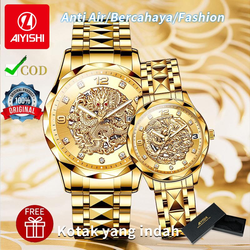 AIYISHI Jam Tangan Analog Stainless Steel Tahan Air 2059 Naga Emas Phoenix Emas
