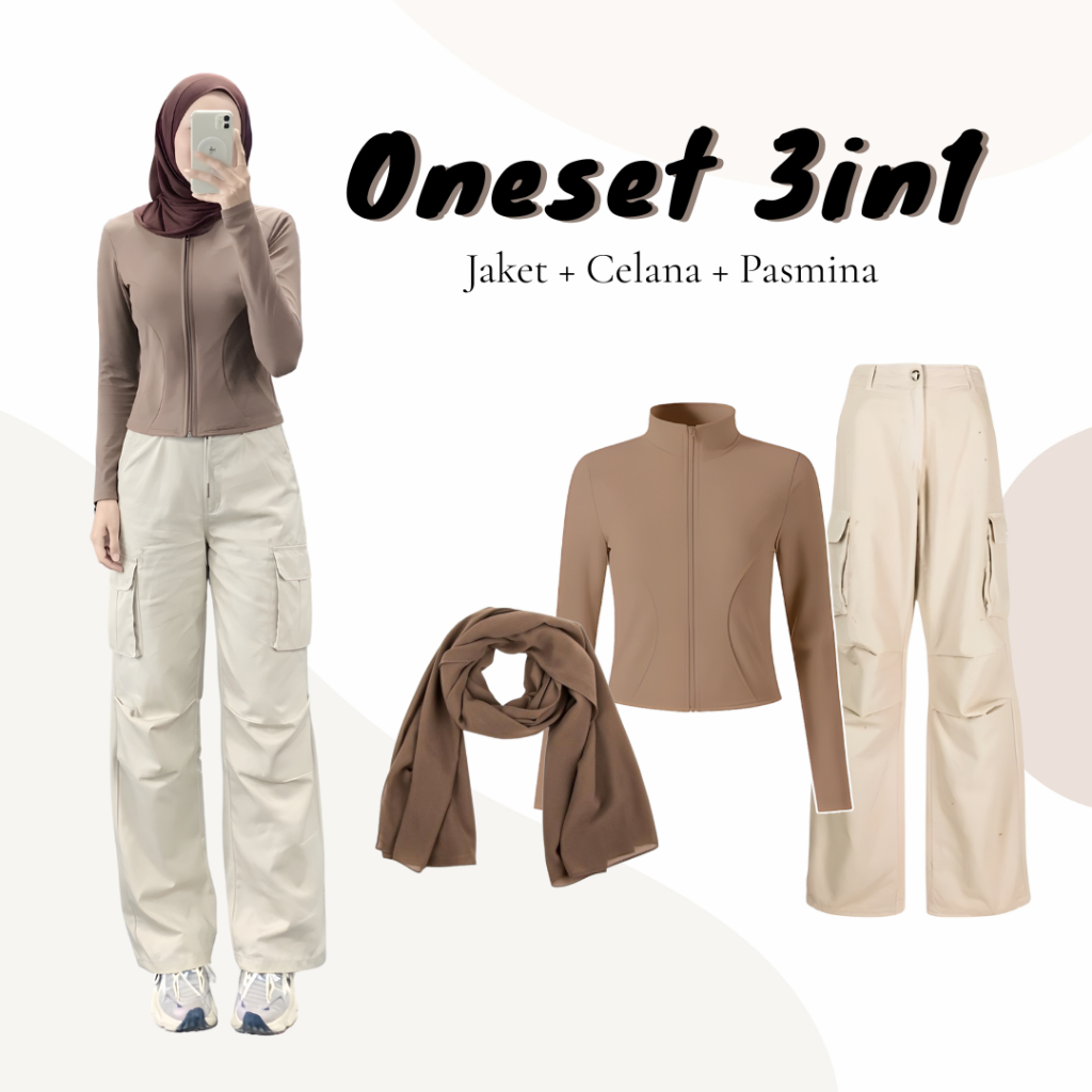 One Set 3in1 Jaket Celana Cargo Pasmina Ceruty  | Outfit Hiking Gunung Gym Running  Padel Jogging Ol
