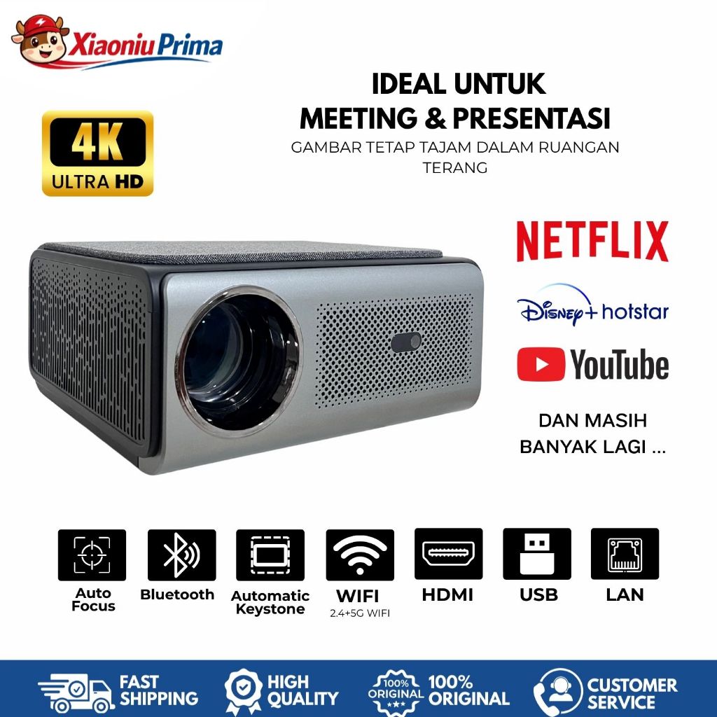 Android Smart Projector - Support 16:9 Ratio 4K Res Autofocus Bluetooth WiFi Screen Mirroring