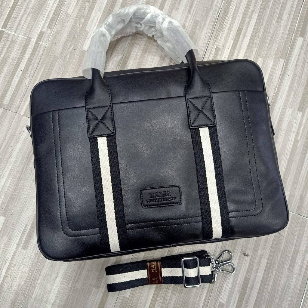 Tas kantor kulit Bally black white tas kerja pria