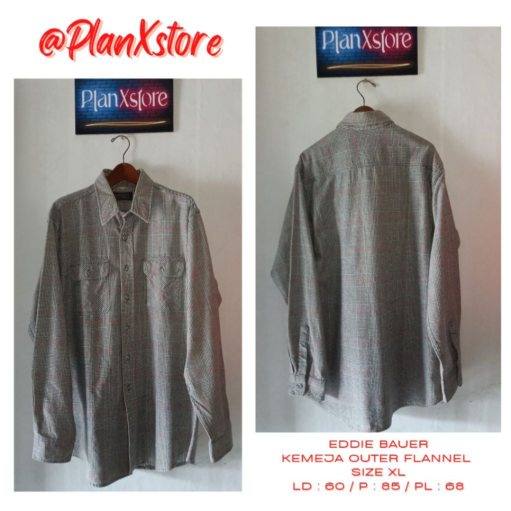EDDIE BAUER KEMEJA OUTER FLANNEL DUA SAKU DEPAN SIZE XL WARNA KOTAK ABU MILO MERAH