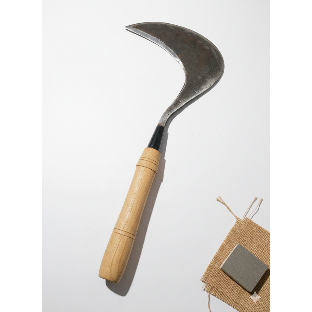 Perkakas Tani Sabit Rumput Baja Isen Premium Gagang Kayu Jati 45cm Alat Pendukung Panen Padi Berkual