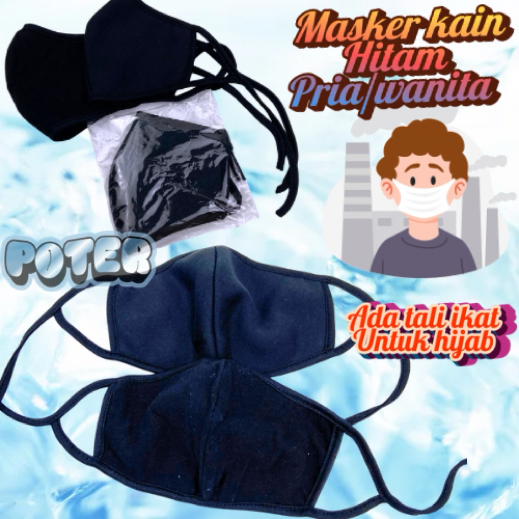 3pc Masker kain hijab 2lapis 3 ply polos hitam kuping mulut wajah debu pelindung katun tebal premium