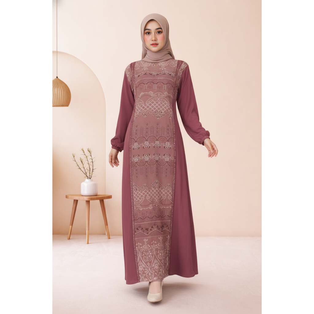 Sienna Dress Wanita Terbaru Gamis Lebaran Baju Kondangan Warna Mauve Motif Etnik Trendi