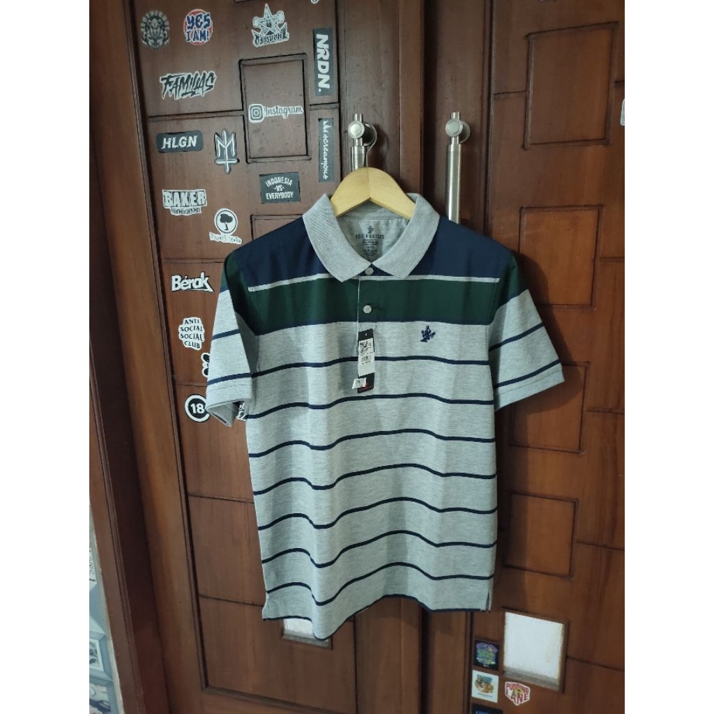 Kaos Polo OSELLA UK L Hijau Garis" Abu, 100%Original