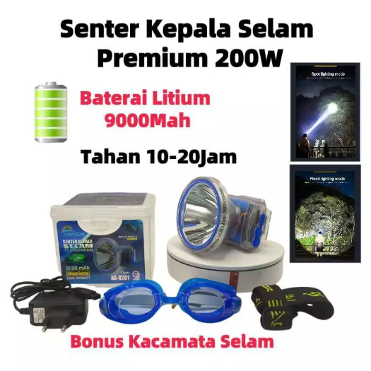 Senter Kepala Selam 200W White Laser Led Super Terang Tahan Lama / Senter Kepala Led Selam / Lampu K