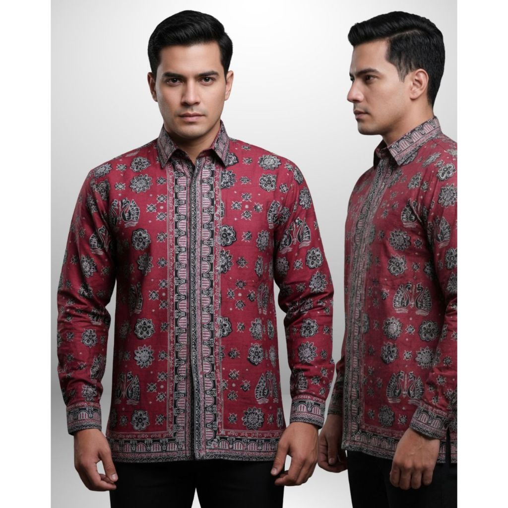 RIA LESTARI Kemeja Batik Jambi Katun MaronTua Abu Hitam Motif AngsoDuo Keris Batik Kerja Batik Katun