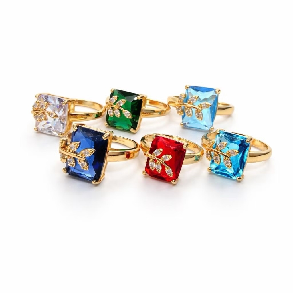 Ruby Jewelry Cincin Wanita Gold Square Batu Permata Elegan Model Bunga Hijau Merah Biru Putih