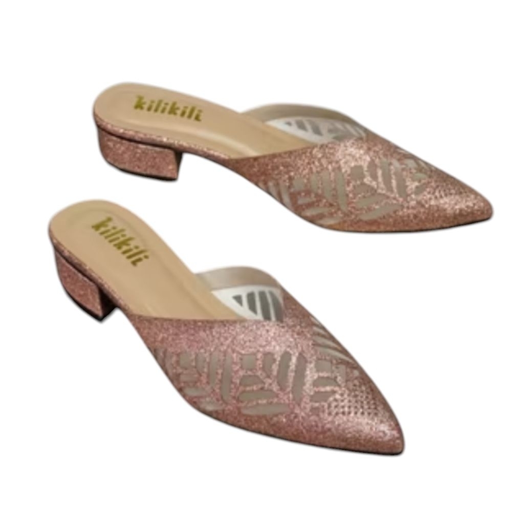 Sandal Laser Wanita Elegan Hak Rendah Mules Ujung Lancip