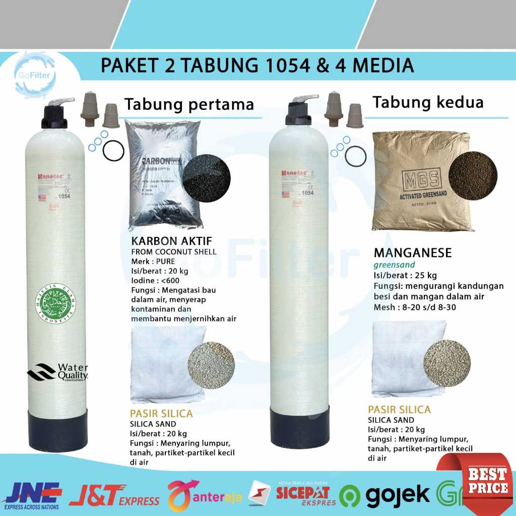 Media Filter Air Paket Media Filter Air 2 Tabung 1054 dan 1354 Pasir Silika Karbon Aktif Manganese u