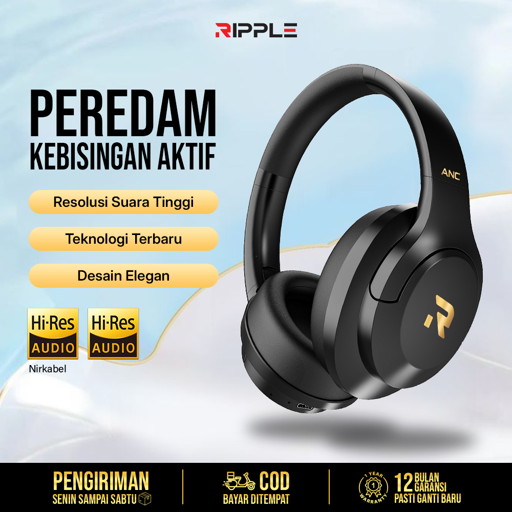 Ripple 2026 Headset anc Bluetooth Super Bass Wireless Headphone Gaming Terbaru Musik No Delay