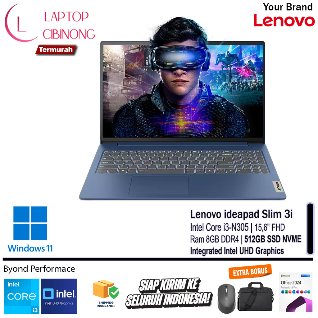 Laptop Lenovo ideapad Slim 3i Intel Core i3 N305 FHD IPS Windows 11 Office 2024 Blue