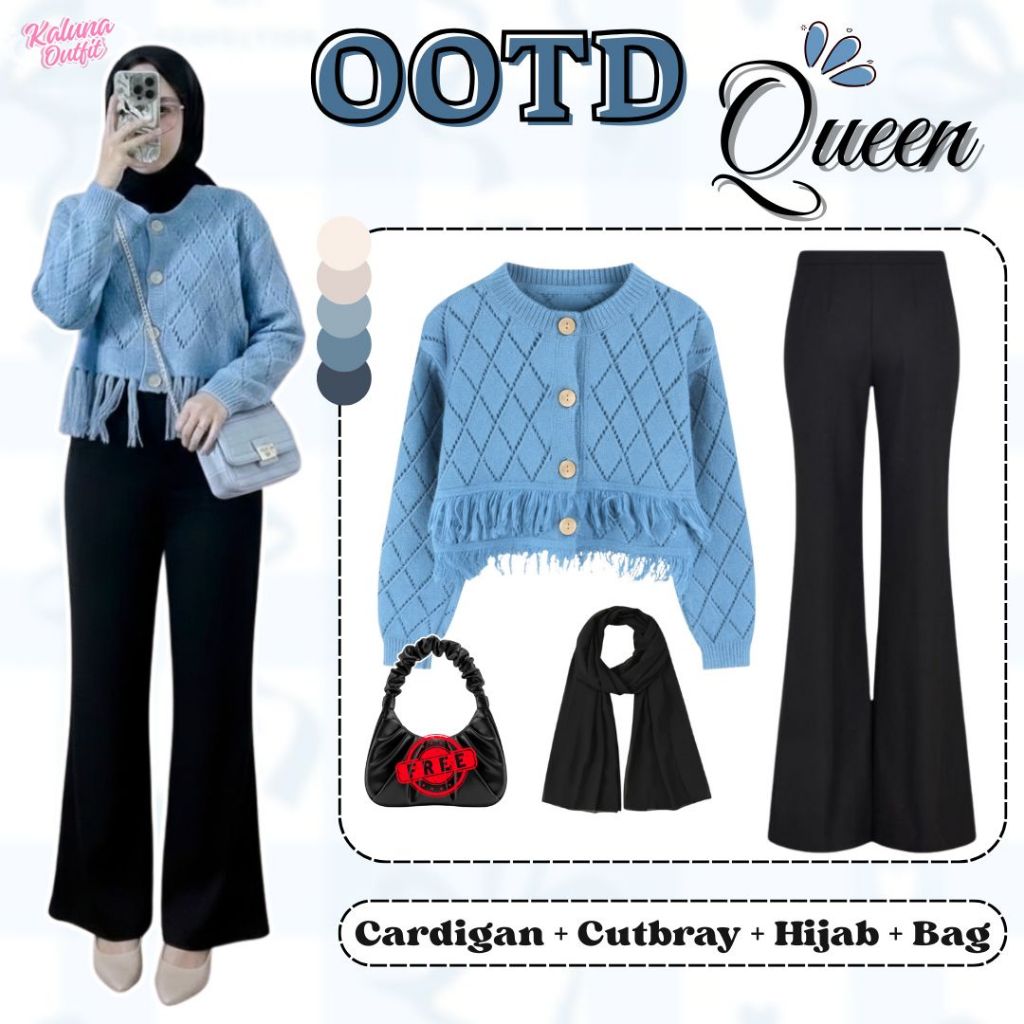 Outfit Remaja Kekinian 4in1 (Cardigan Rawis Rajut Viral, Celana Cutbray Scuba Premium, Pashmina Ceru