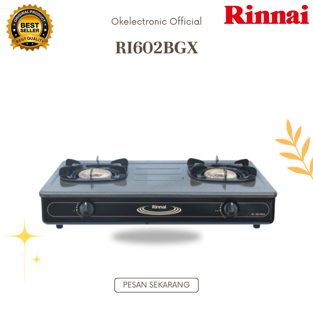 RINNAI KOMPOR GAS 2 TUNGKU RI 602 BGX/RI602BGX/RI602 BGX/RI 602BGX/RI-602BGX/ORIGINAL RINNAI/GARANSI